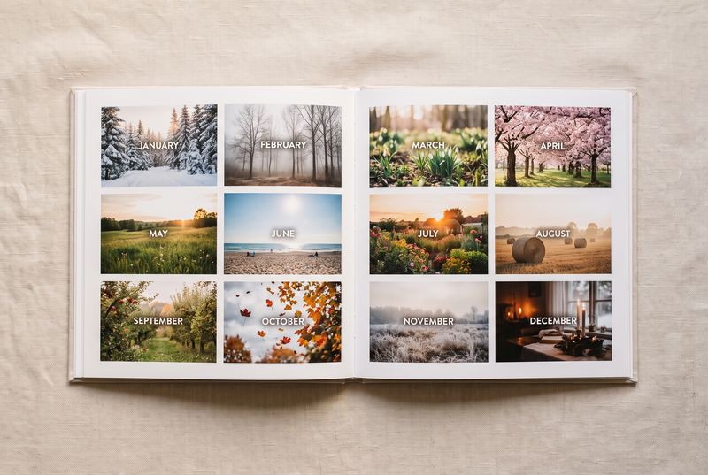 Open photo book spread with twelve seasonal photographs, one for each month of the year