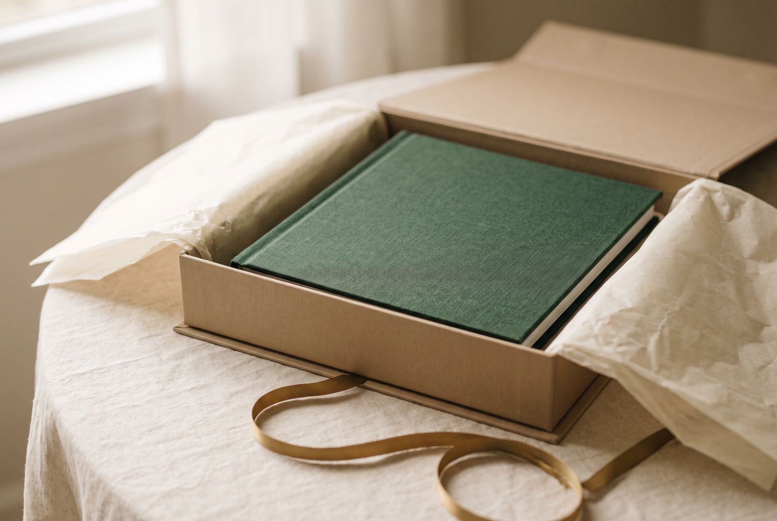 Green linen photo book packed in a cloth gift box with tissue paper and a brass ribbon