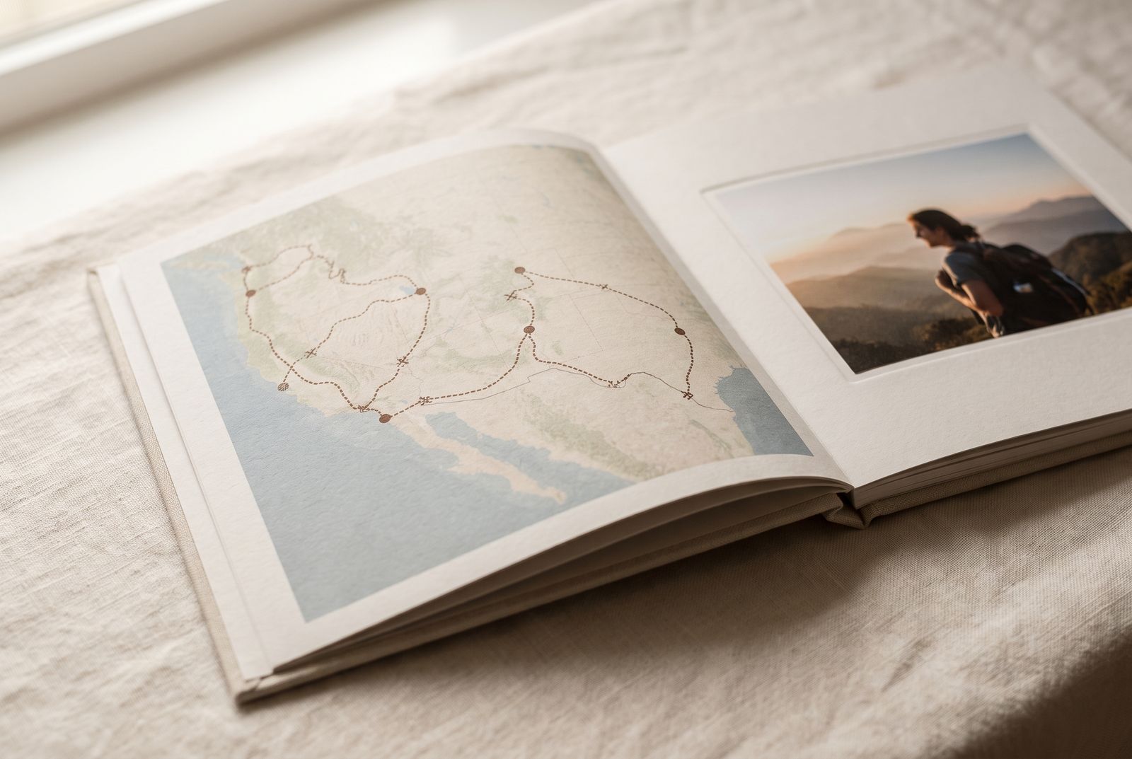 Open photo book showing a hand-drawn route map across one page and a hiker photograph on the other