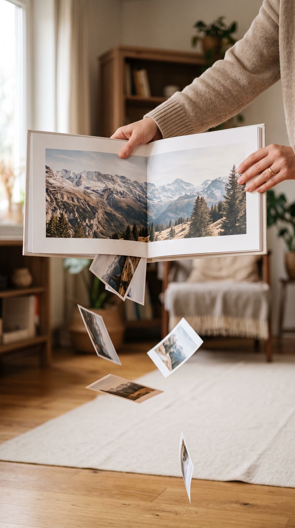 A person holding an open layflat photo book showing a mountain panorama across both pages, with loose prints falling below