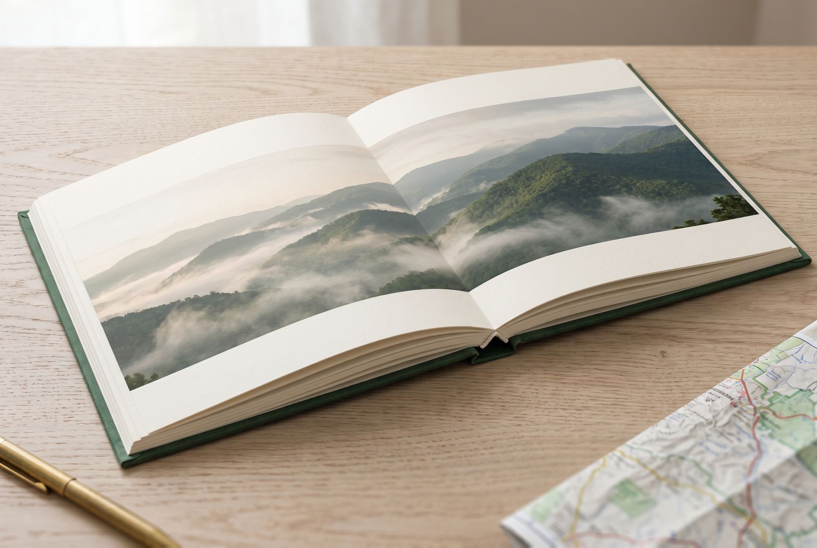 Open green linen photo book on a table, a misty mountain panorama running unbroken across both pages