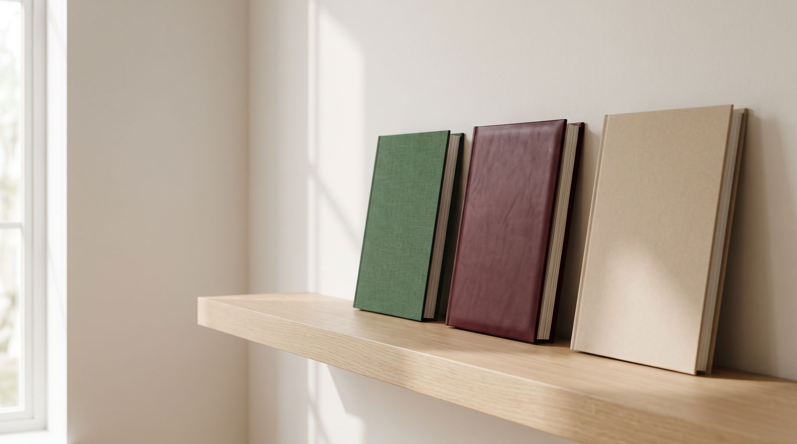 Three finished photo books standing on an oak shelf: forest linen, burgundy leather and sand cloth